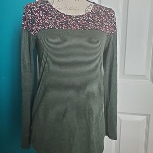 Loveappella Floral Neck Striped Long Sleeve Top